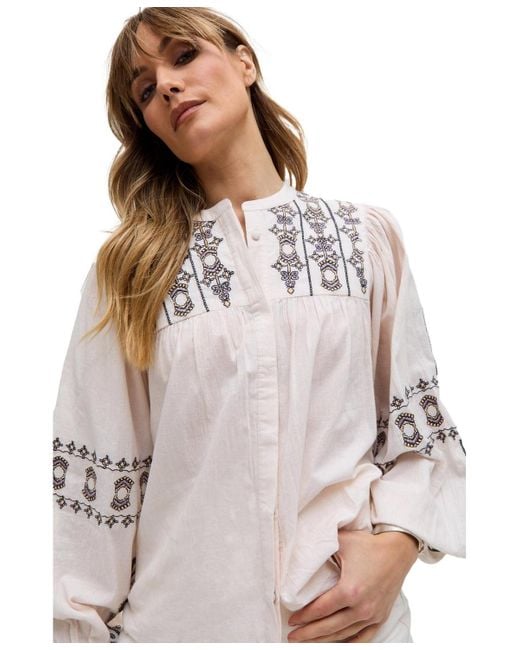 Raffya Natural Demi Embroidered Ballon Sleeve Shirt