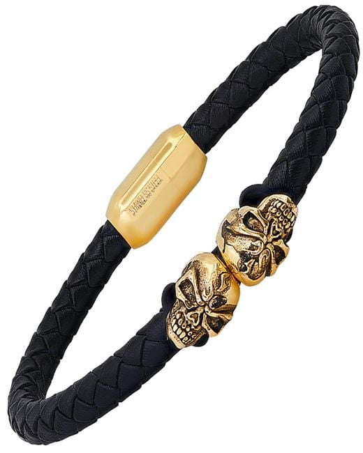 Steeltime Black Braided Leather And 18k Gold-plated Stainless-steel Skulls Bracelet for men