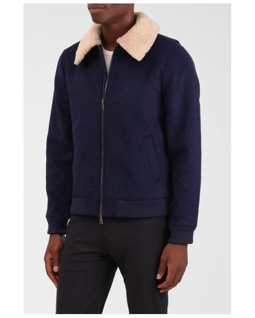 Bagatelle Homme Blue Wool Blend Faux Fur Collared Bomber Jacket for men
