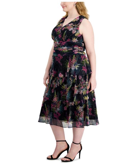 Sl Fashions Black Plus Size Floral-print Crinkled Midi Dress