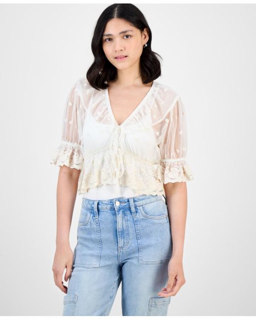 And Now This White V-neck Ruffle-trim Mesh Top