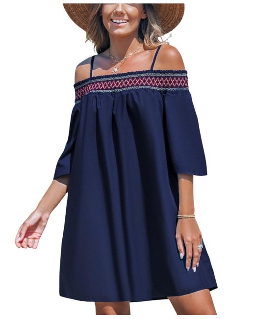 CUPSHE Blue Smocked Lace Open-shoulder Beach Dress