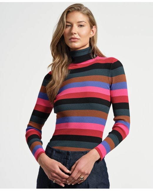 Isaac Mizrahi New York Red Mock Neck Long Sleeve Striped Sweater