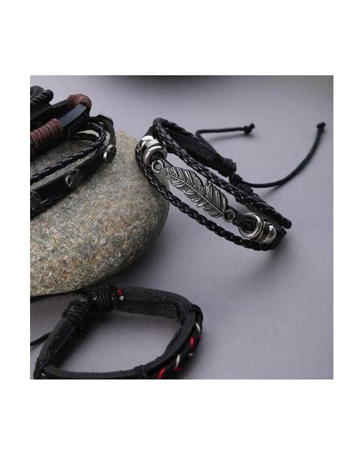 SOH Black Boho Leather Stack Bracelet