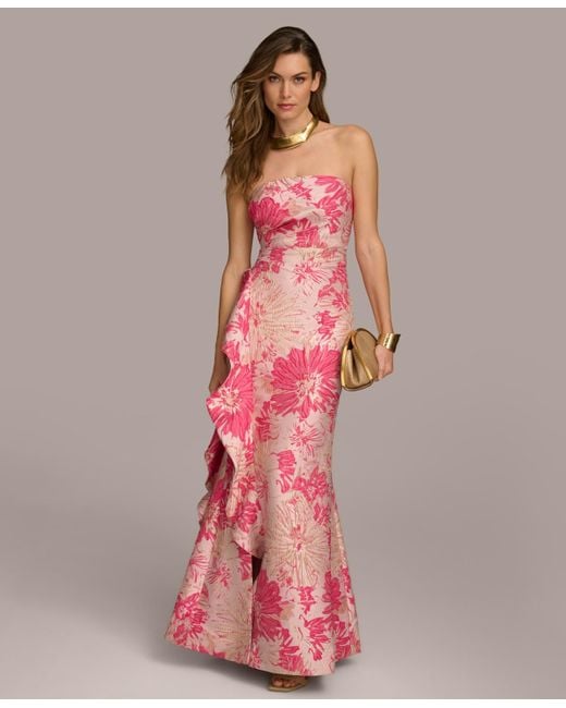Donna Karan Pink Floral-jacquard Ruffled Strapless Gown