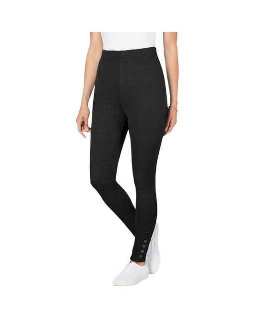 Woman Within Black Plus Size Stretch Cotton Snap-trim legging