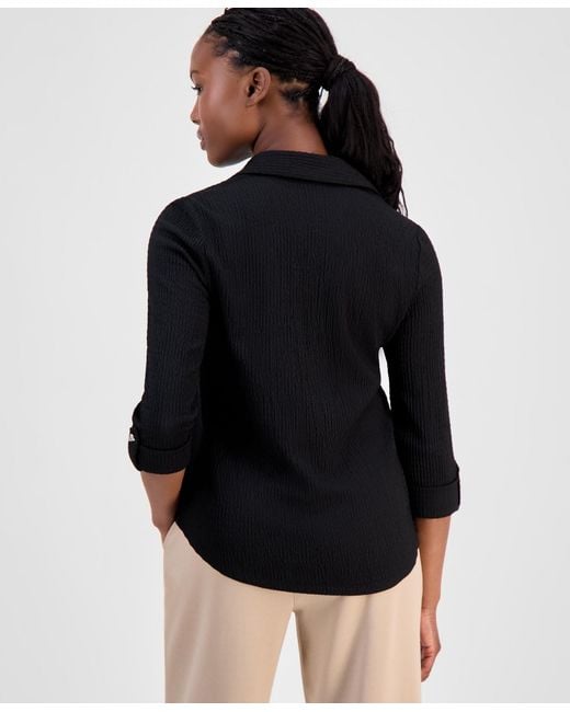 Anne Klein Essentials Black Petite Textured Split-neck Top