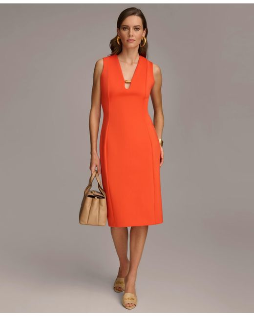 Donna Karan Orange Sleeveless V-neck Beaded Dress