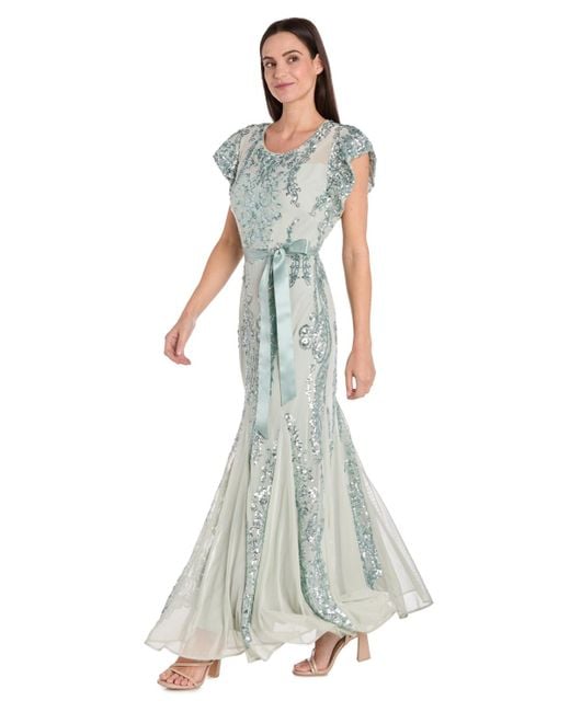 R & M Richards White Short-sleeve Sequined Gown