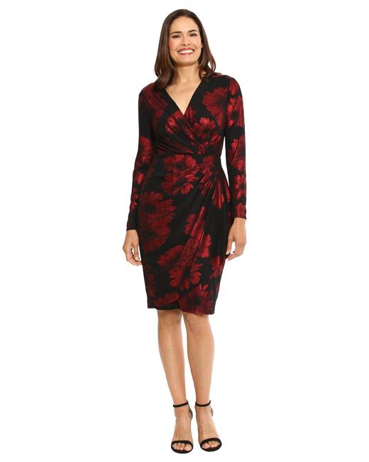 London Times Red Petite Foil-floral Cascade Sheath Dress