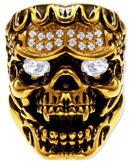 Black Jack Jewelry Metallic Cubic Zirconia Ornately Detailed Skull Statement Ring for men