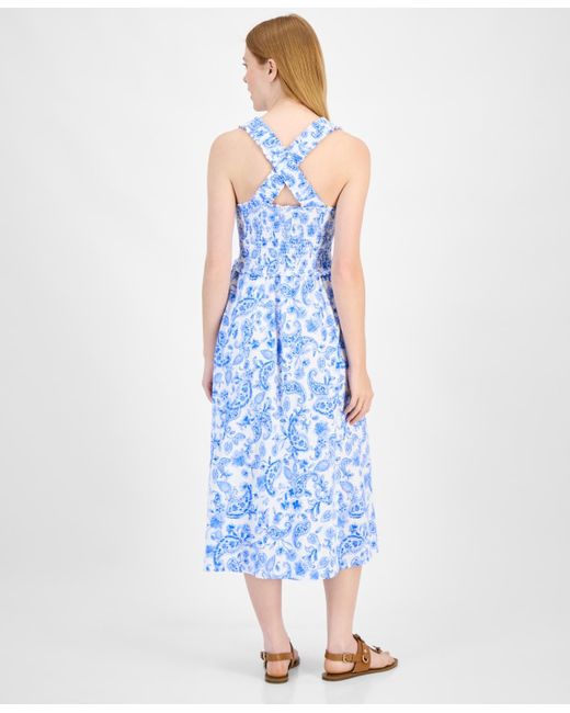 Tommy Hilfiger Blue Cotton Paisley-print Smocked-back Midi Dress