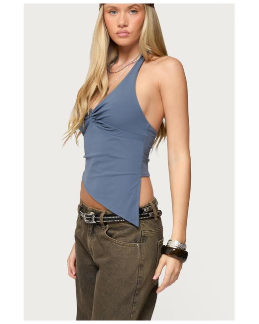 Edikted Blue Susanna Asymmetric Twist Halter Top