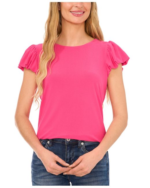 Cece Pink Solid Bow Back Bubble Sleeve Knit Top