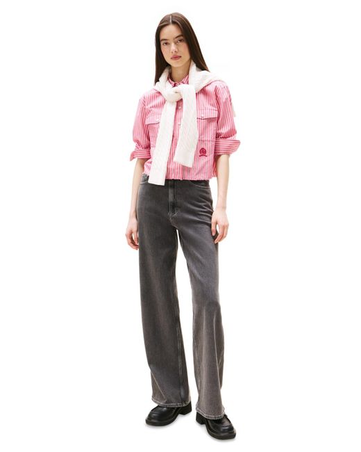 Tommy Hilfiger Pink Crest Embroidery Relaxed Fit Cropped Shirt