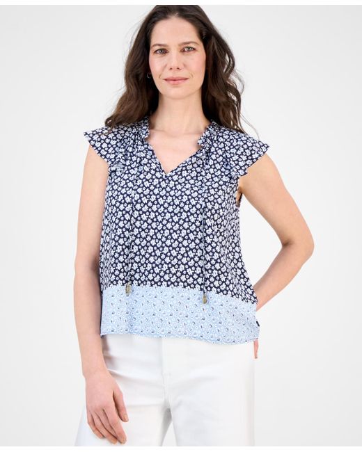 Nautica Blue Floral-print Flutter-sleeve Blouse