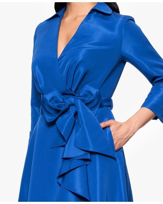 Betsy & Adam Blue Taffeta Ruffled Long Wrap Dress