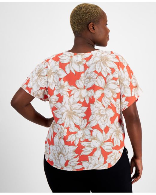 Anne Klein Red Plus Size Printed Boat-neck Short-sleeve Top