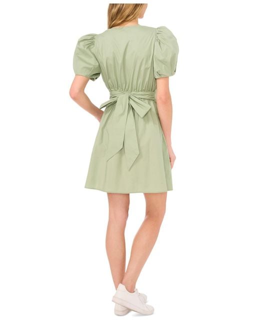 Cece Green Short Puff-sleeve Belted Mini Dress