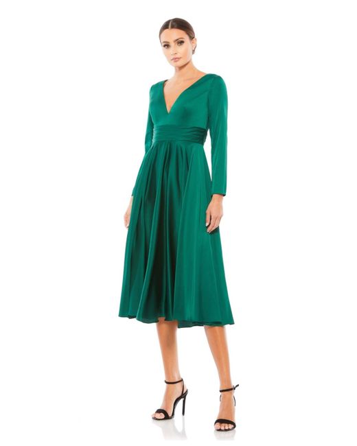 Mac Duggal Green Ieena Long Sleeve A Line Midi Dress
