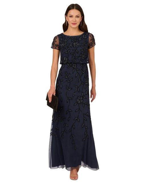 Adrianna Papell Blue Floral Bead Embellished Blouson Short-sleeve Gown