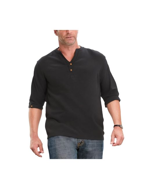 Kingsize Black Big & Tall Gauze Mandarin Collar 3/4 Sleeve Shirt for men