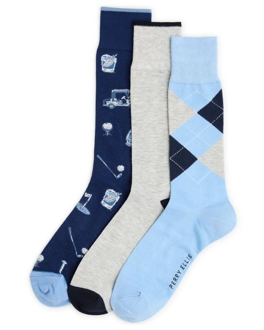 Perry Ellis Blue Patterned Golf Socks for men