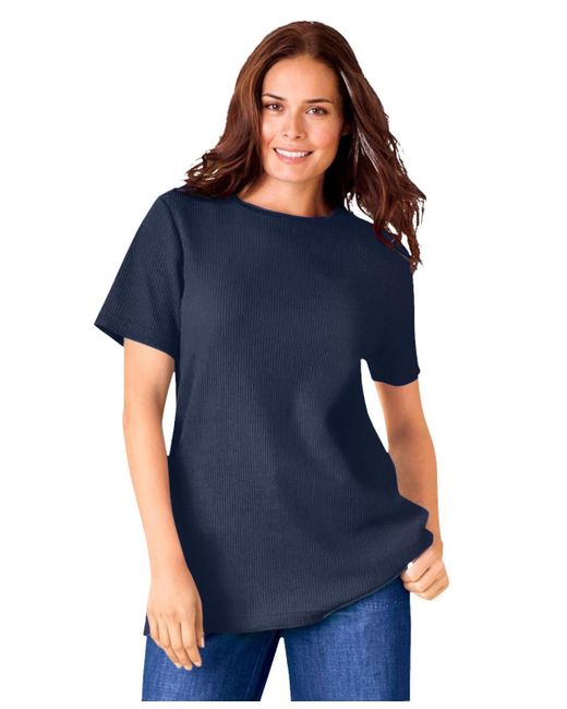 Woman Within Blue Plus Size Within Waffle Thermal Satin Trim Tee