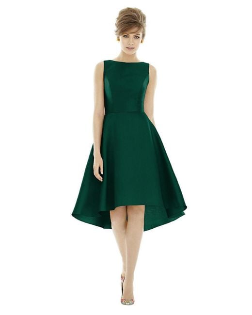 Alfred Sung Green Bateau Neck Satin High Low Cocktail Dress