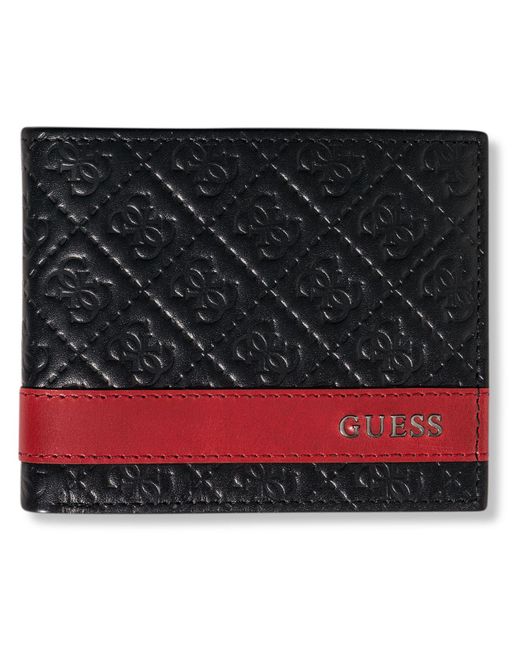 Guess Leather Wallet Mesa Id Billfold In Black W Red Black For