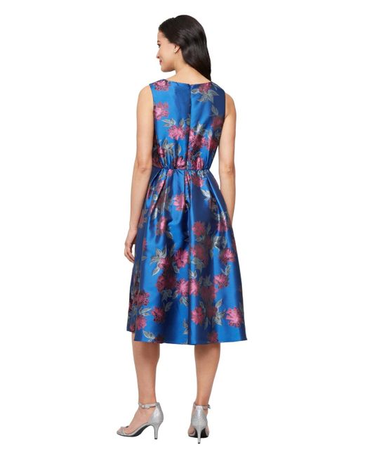 Sl Fashions Blue Petite Metallic Jacquard A-line Dress