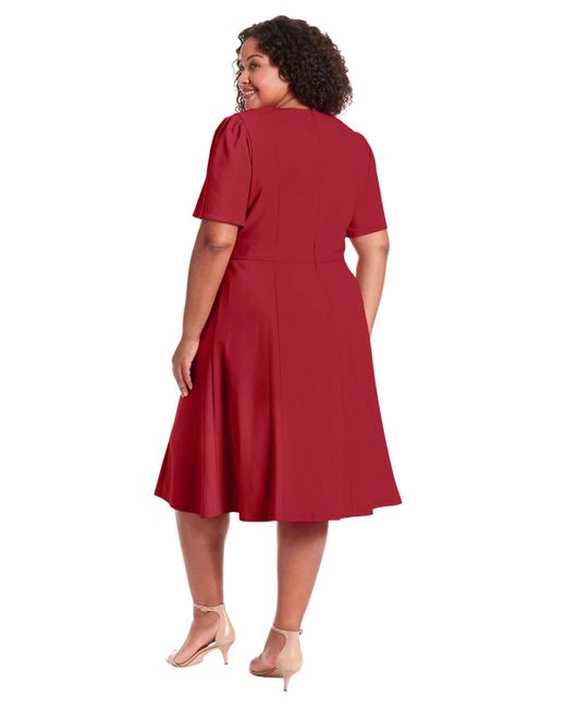 London Times Red Plus Size Fit & Flare Scuba Crepe Midi Dress