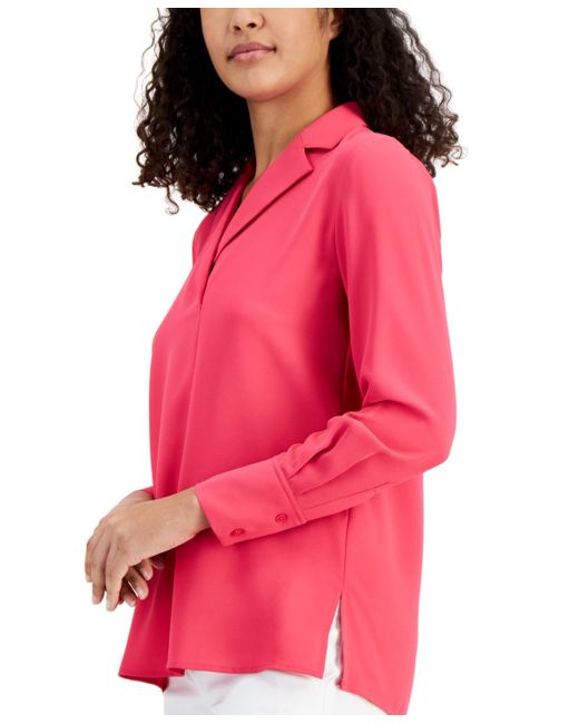 Anne Klein Red Long-sleeve Lapel Blouse