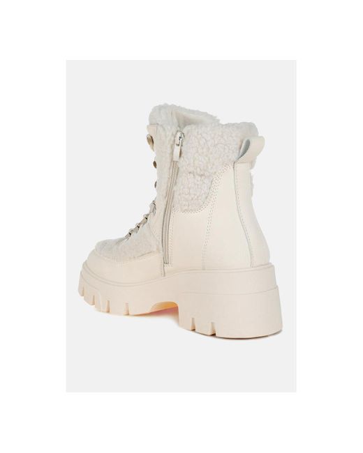 LONDON RAG Women's Natural Wellerman Faux Fur Detail Chunky Hiker Boots