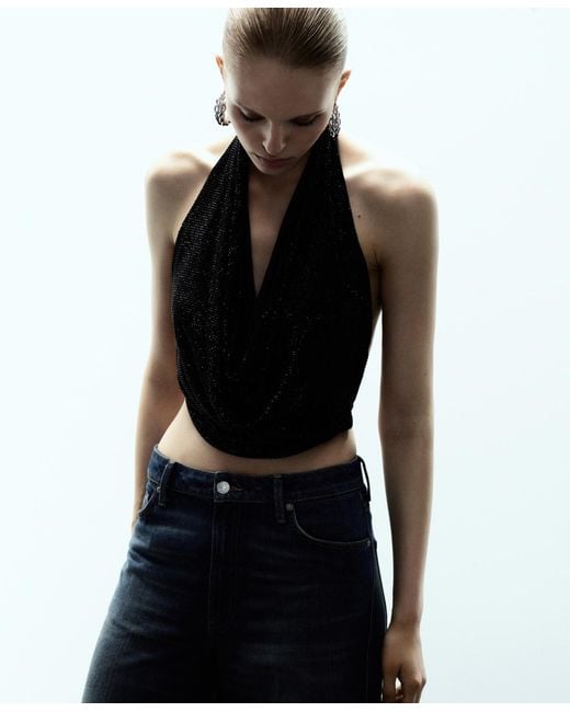 Mango Black Draped Crystal Neckline Top
