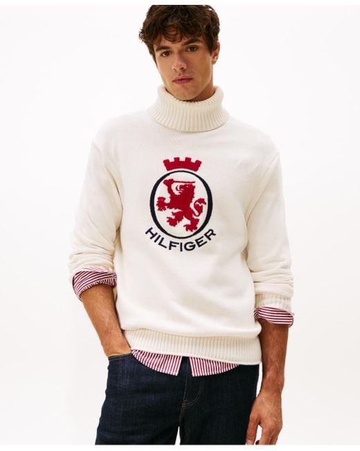 Tommy Hilfiger White Intarsia Th Crest Relaxed Roll Neck Jumper for men