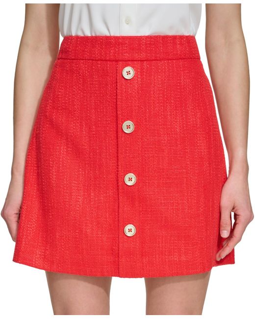 DKNY Red Faux-button-front Tweed Mini Skirt