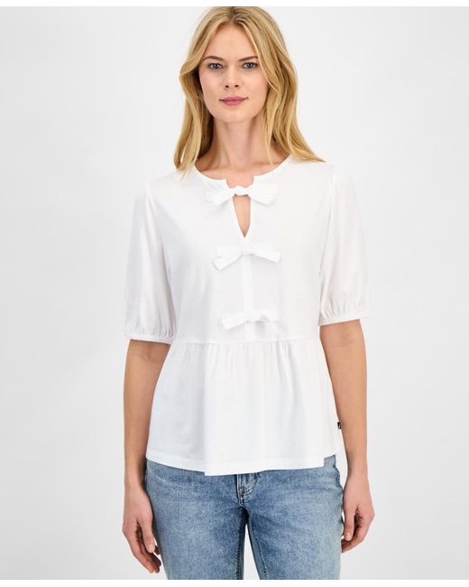 Nautica White Solid Bow Peplum Top