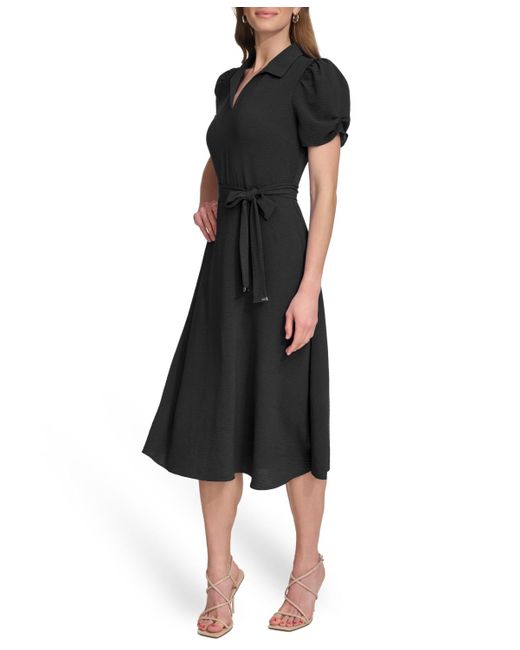 DKNY Black Tie-waist Point Collar A-line Dress
