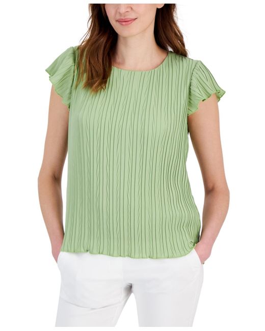 Tahari Green Flutter-sleeve Pleated Top