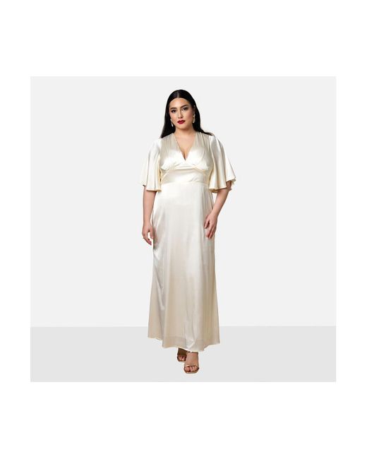 Rebdolls White Plus Size Hydrangea Satin Flutter Sleeve Maxi Slip Dress