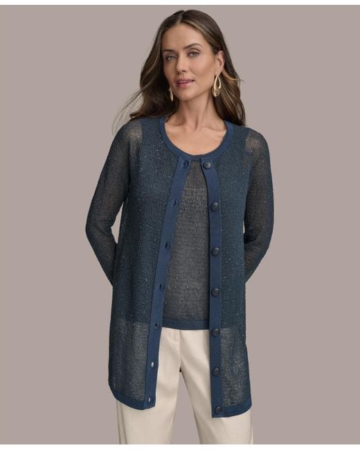 Donna Karan Blue Sequin Embellished Long Cardigan