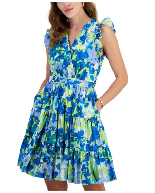 Taylor Blue Printed A-line V-neck Dress