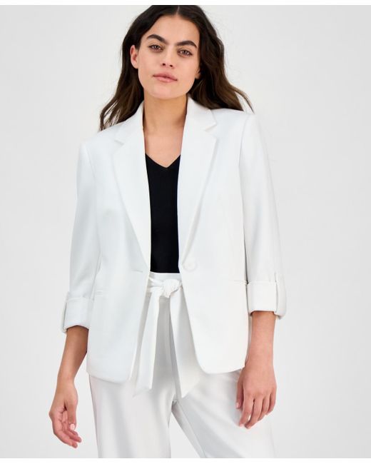 Anne Klein White Petite One-button Roll-tab-sleeve Blazer