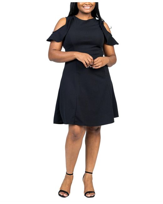 24seven Comfort Apparel Blue Plus Size Ruffle Cold Shoulder A Line Dress