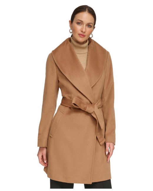 DKNY Brown Shawl-collar Wool Blend Wrap Coat