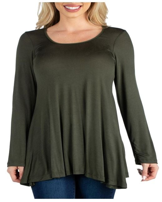 24seven Comfort Apparel Green Long Sleeve Swing Style Flared Tunic Top