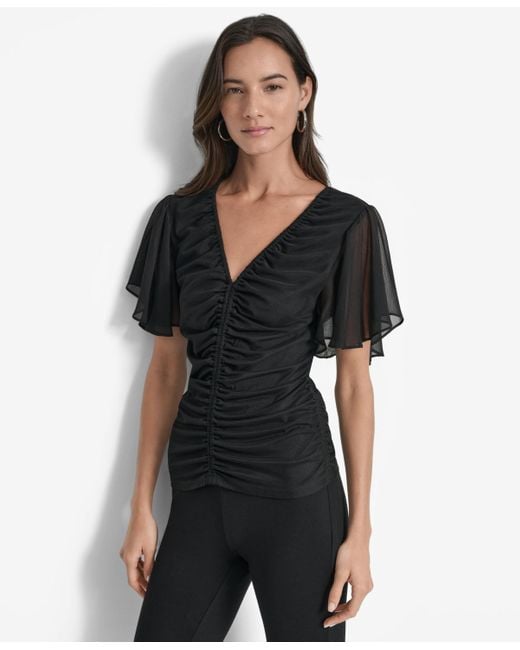 DKNY Black Center-ruched Flutter-sleeve Top