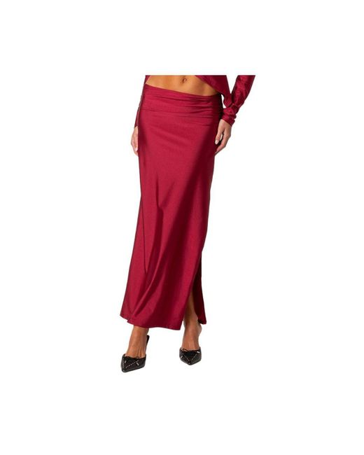 Edikted Reema Shiny Slit Maxi Skirt in Red | Lyst