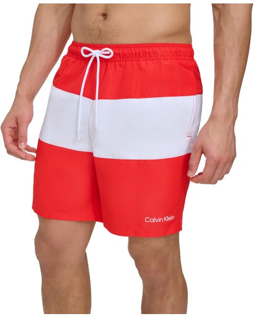 Calvin Klein Red Colorblocked 7" Swim Trunks for men